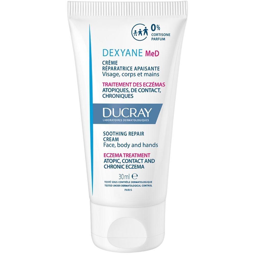 Tubo bianco con scritte blu. Crema per viso, corpo e mani. Marchio: Dexyane MeD, Ducray. 30ml.