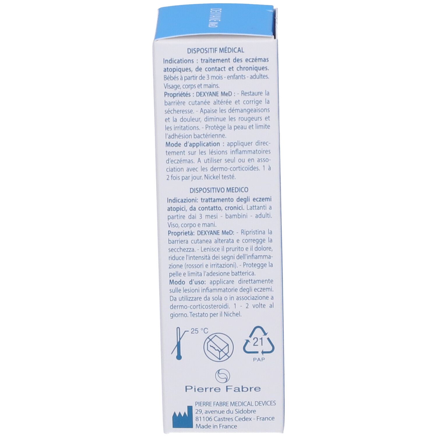 Scatola con informazioni mediche. Marchio: Dexyane MeD. Produttore: Pierre Fabre. Simboli di riciclo.