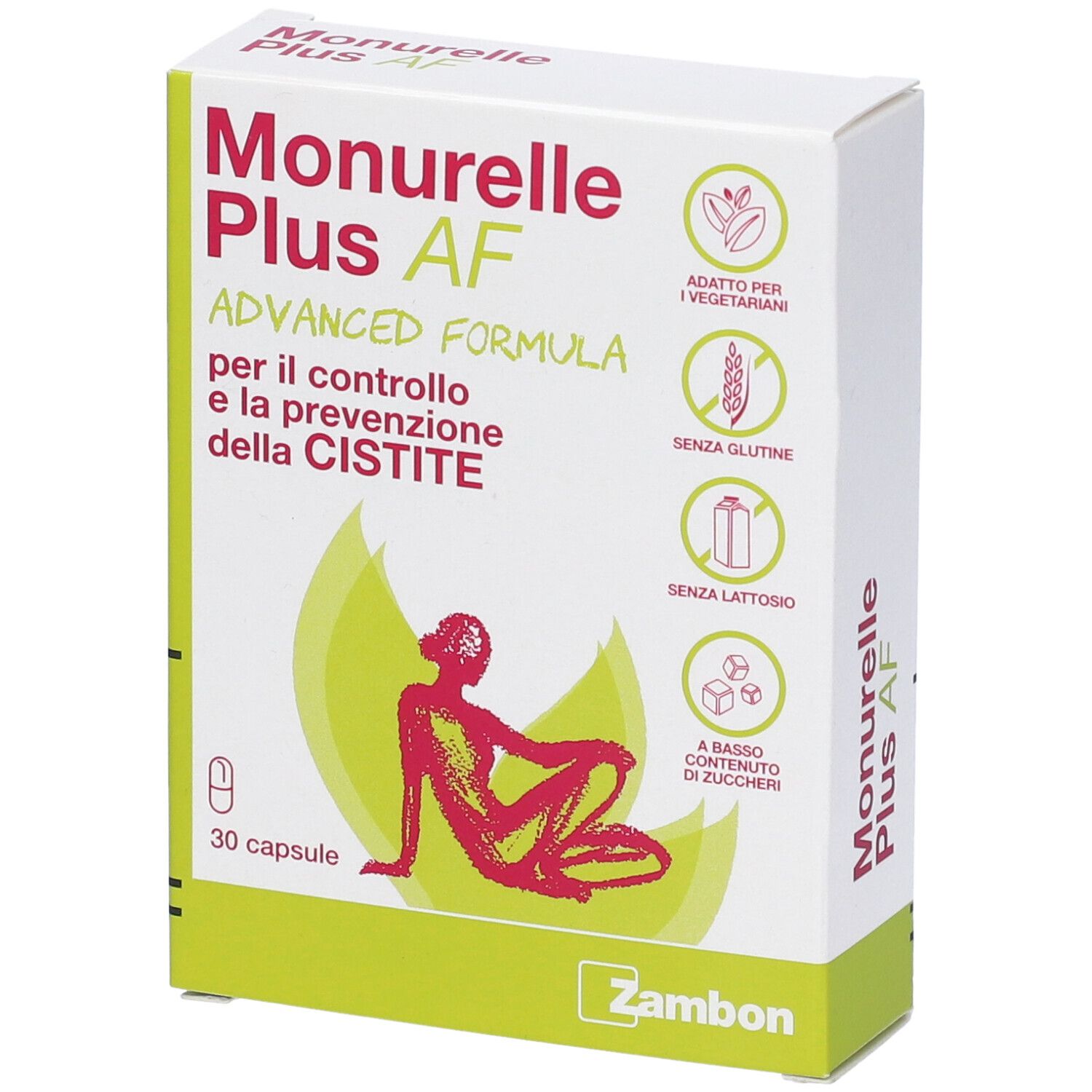 Confezione di Monurelle Plus AF. Scritta: Advanced Formula, 30 capsule. Scatola verde e bianca con logo e illustrazione.