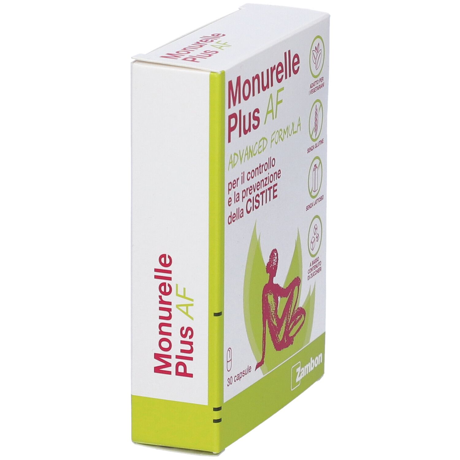 Vista laterale della confezione Monurelle Plus AF. Testo: Advanced Formula, 30 capsule. Scatola verde e bianca con logo e illustrazione.