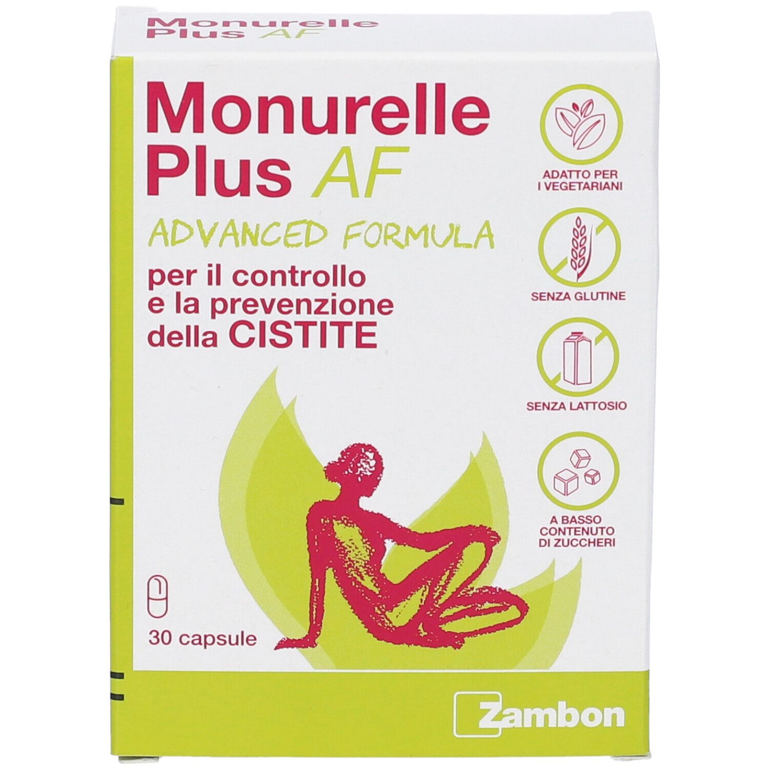 Confezione di Monurelle Plus AF. Scritta: Advanced Formula, 30 capsule. Scatola verde e bianca con logo e illustrazione.