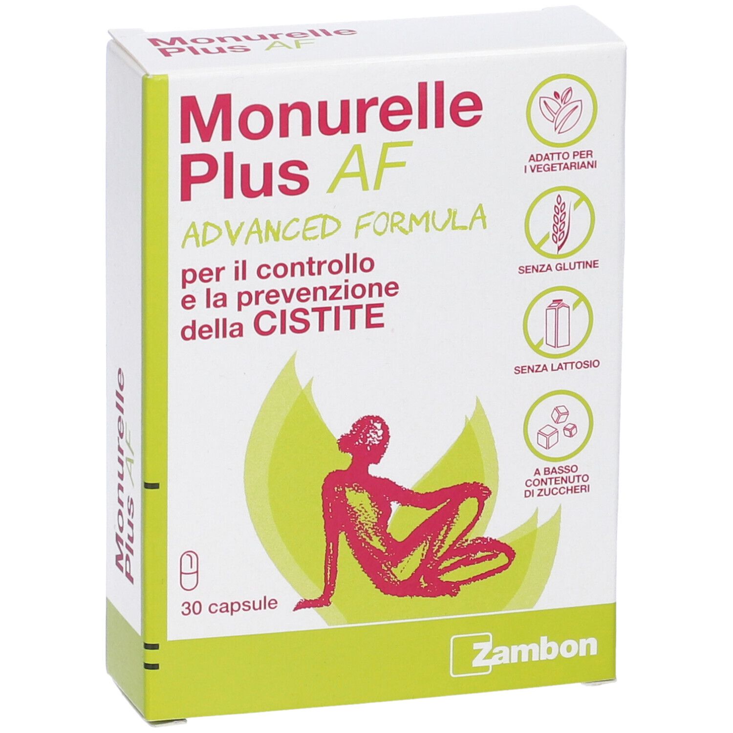 Confezione di Monurelle Plus AF. Scritta: Advanced Formula, 30 capsule. Scatola verde e bianca con logo e illustrazione.