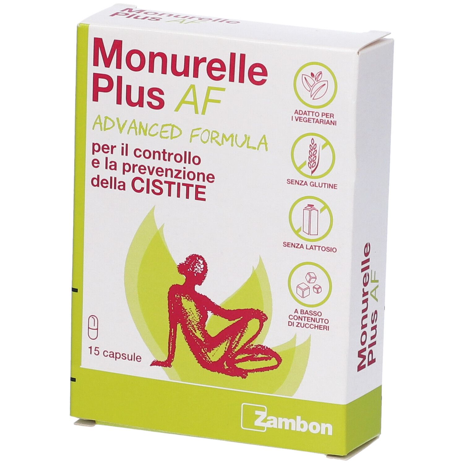 Scatola con nome del prodotto e informazioni. Contiene 15 capsule. Loghi per vegetariani, senza glutine, senza lattosio e a basso contenuto di zuccheri.