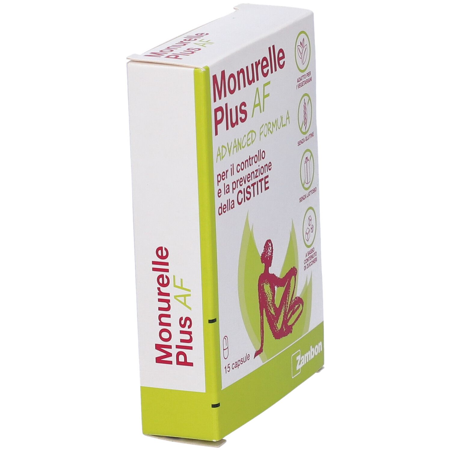 Scatola con nome del prodotto e informazioni. Contiene 15 capsule. Loghi per vegetariani, senza glutine, senza lattosio e a basso contenuto di zuccheri.