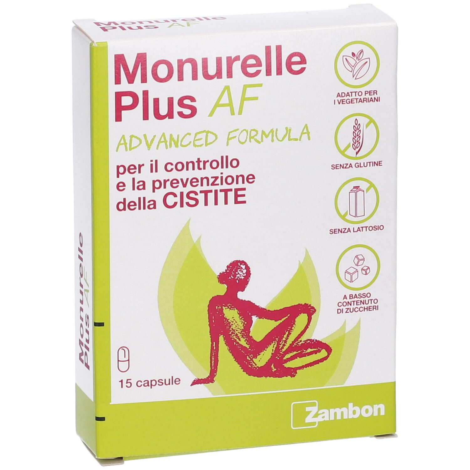 Confezione del prodotto con nome e informazioni. Contiene 15 capsule. Loghi per vegetariani, senza glutine, senza lattosio e a basso contenuto di zuccheri.