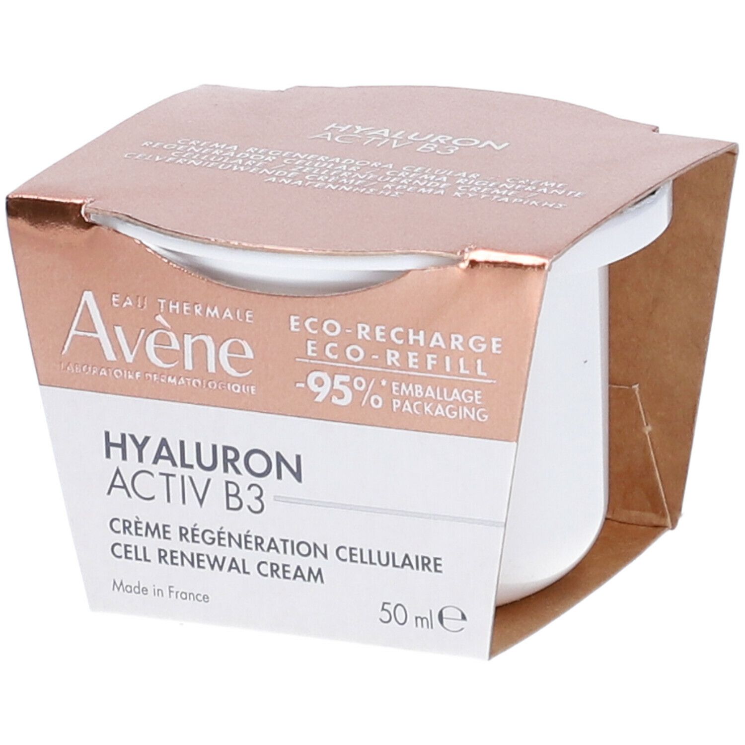 Confezione del prodotto. Scritta: Eau Thermale Avène, Hyaluron Activ B3, 50 ml.