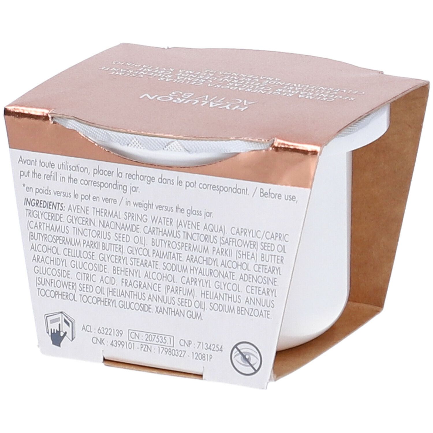 Confezione del prodotto. Scritta: Ingredienti, Eau Thermale Avène, Hyaluron Activ B3.