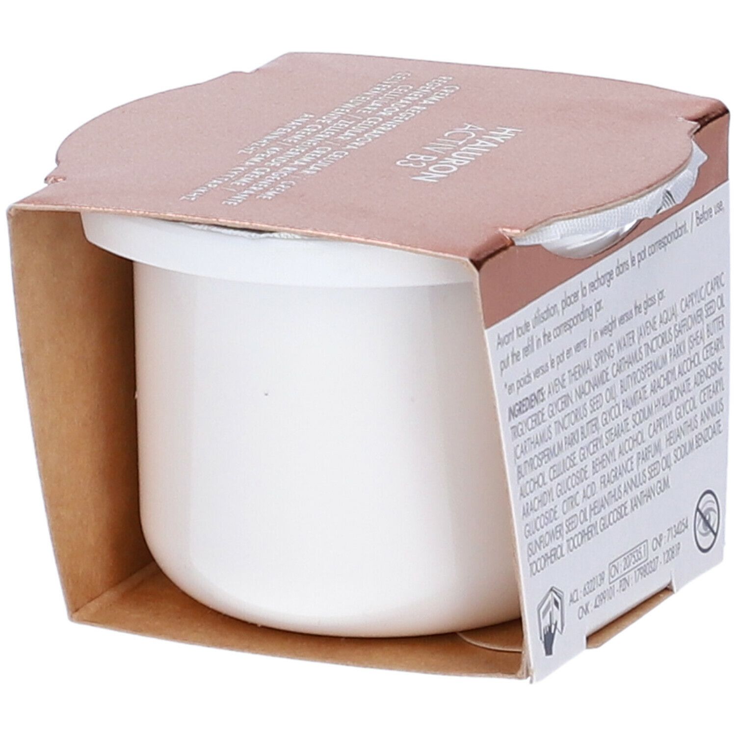 Confezione del prodotto. Scritta: Ingredienti, Eau Thermale Avène, Hyaluron Activ B3.