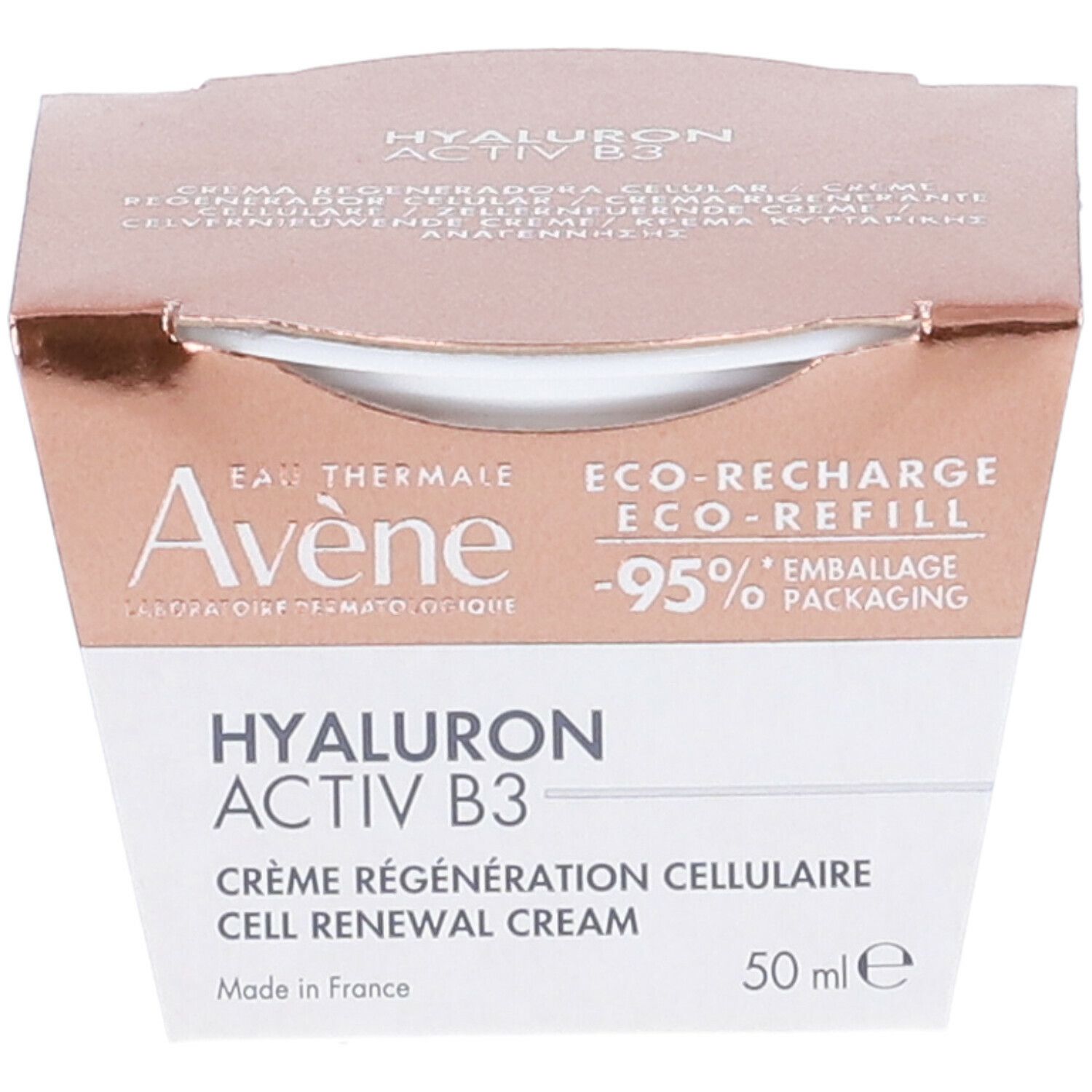 Confezione del prodotto. Scritta: Eau Thermale Avène, Hyaluron Activ B3, 50 ml.