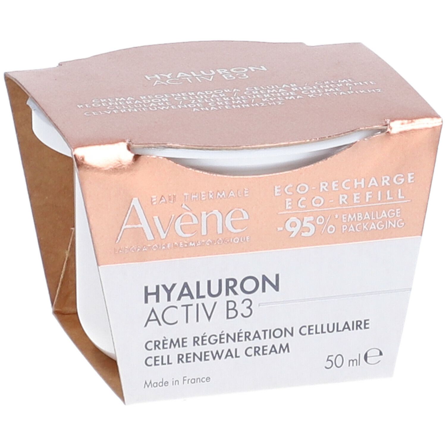 Confezione del prodotto. Scritta: Eau Thermale Avène, Hyaluron Activ B3, 50 ml.