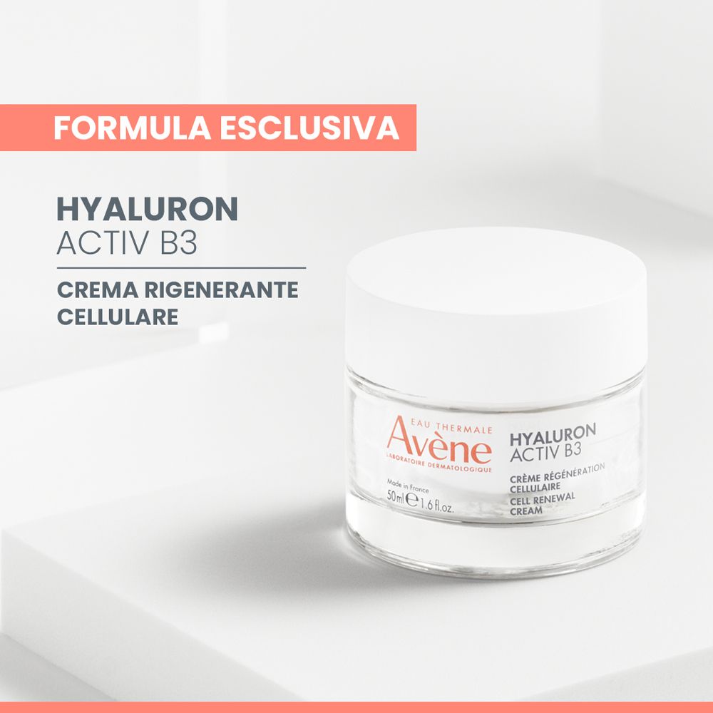 Vasetto di vetro con crema. Scritta: Avène, Hyaluron Activ B3, 50 ml.