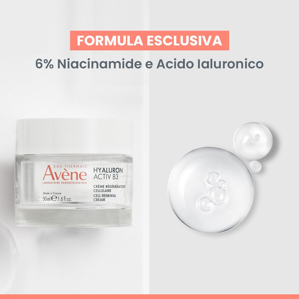 Vasetto di vetro con crema e gocce. Scritta: Avène, Hyaluron Activ B3, 50 ml.
