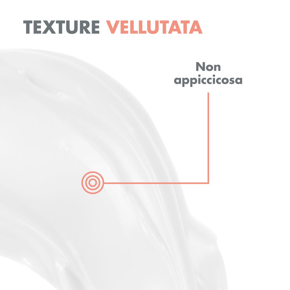 Primo piano crema. Scritta: Texture vellutata, non appiccicosa.
