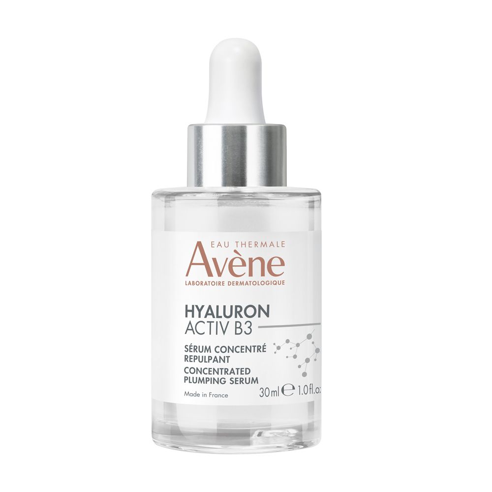 Flacone di vetro trasparente con tappo bianco e pipetta. Scritta: Eau Thermale Avène, Hyaluron Activ B3.