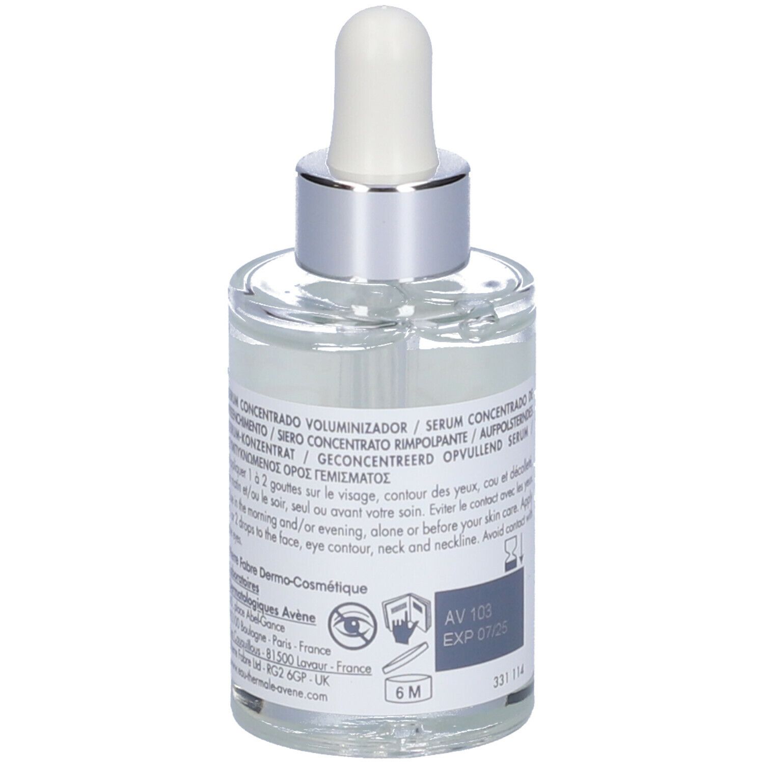Retro del flacone. Testo: Serum concentrado voluminizador. Istruzioni per l'uso e ingredienti.