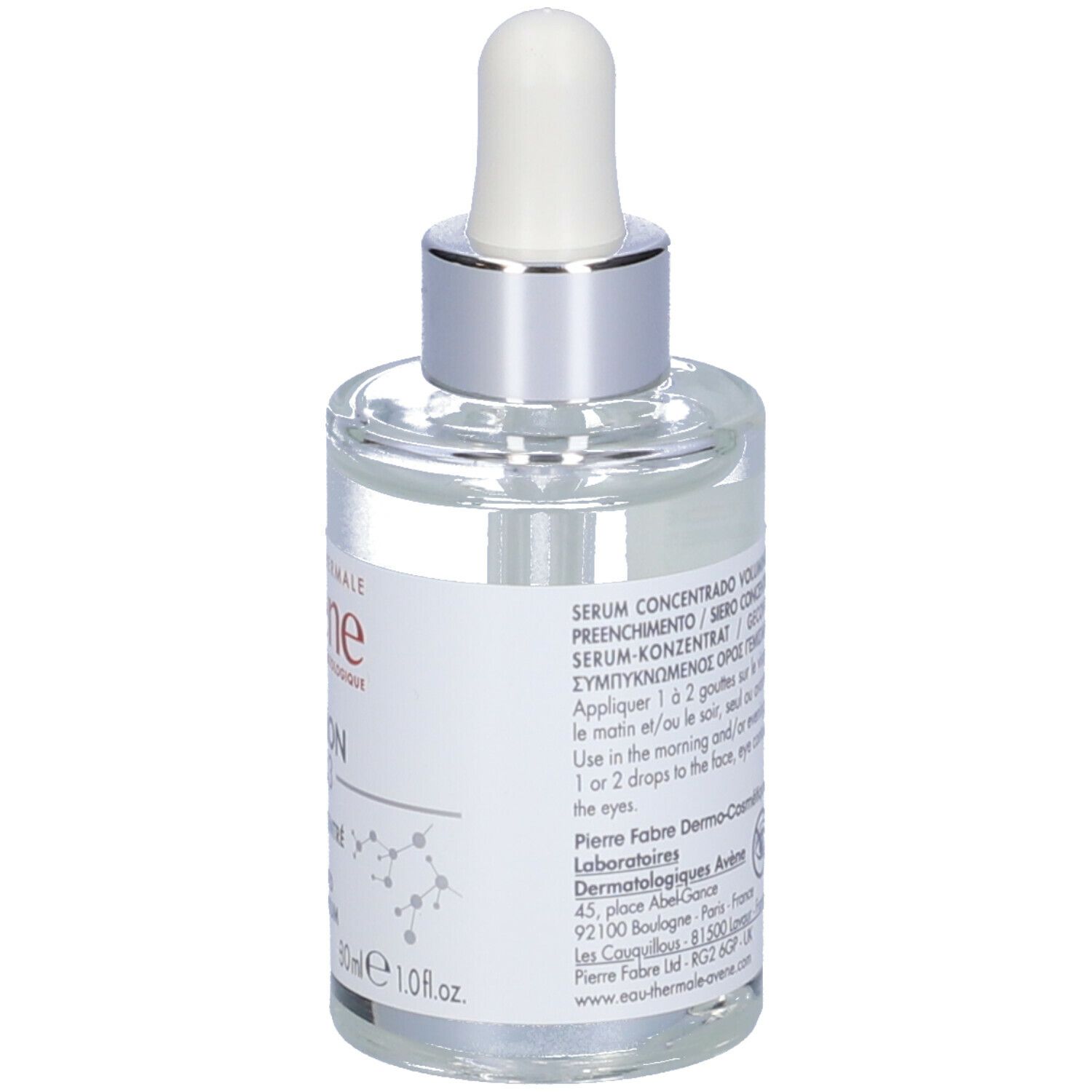 Retro del flacone. Testo: Serum concentrado voluminizador. Istruzioni per l'uso e ingredienti.