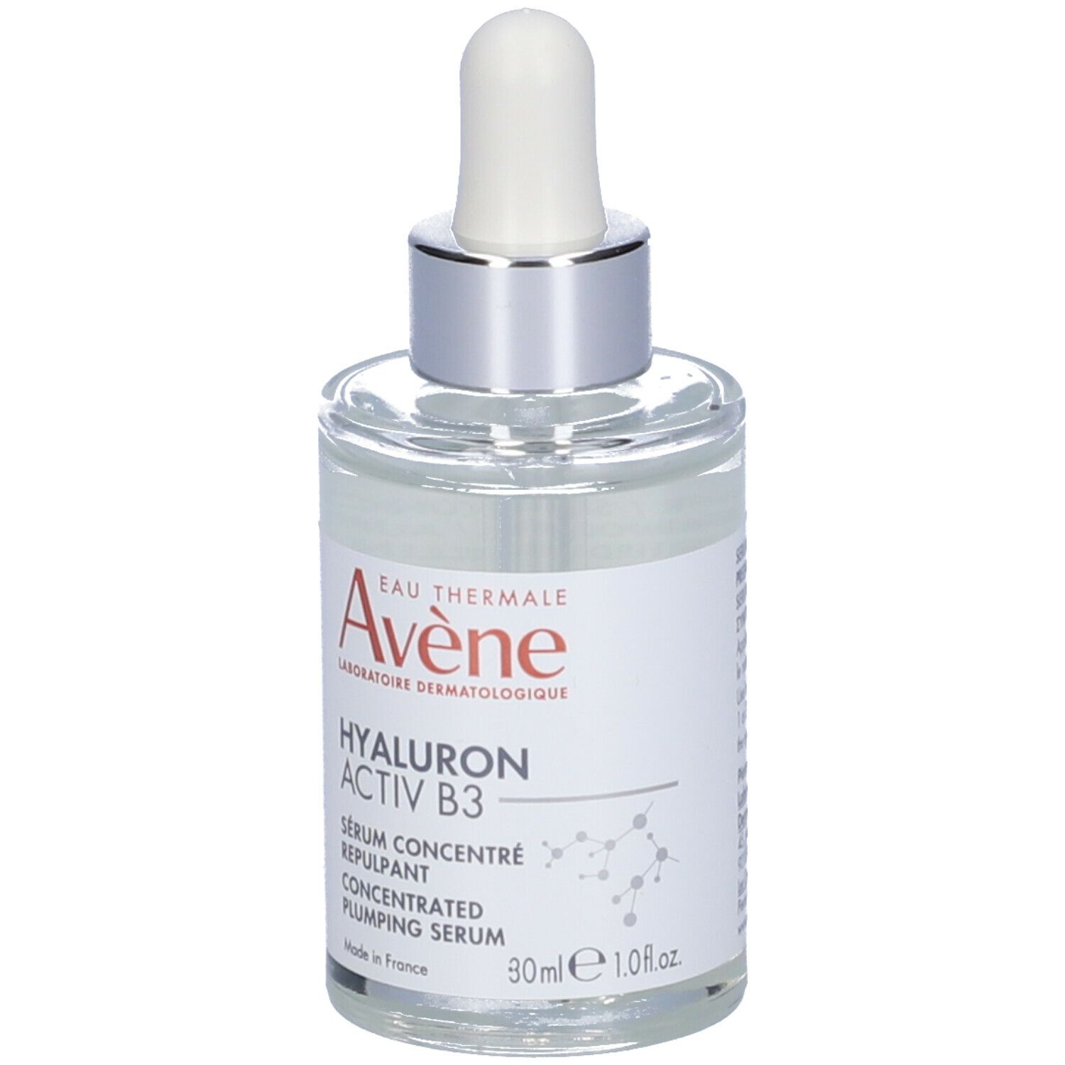 Flacone del prodotto. Testo: Eau Thermale Avène, Hyaluron Activ B3, Serum Concentré Repulpant, 30ml, 1.0 fl.oz.