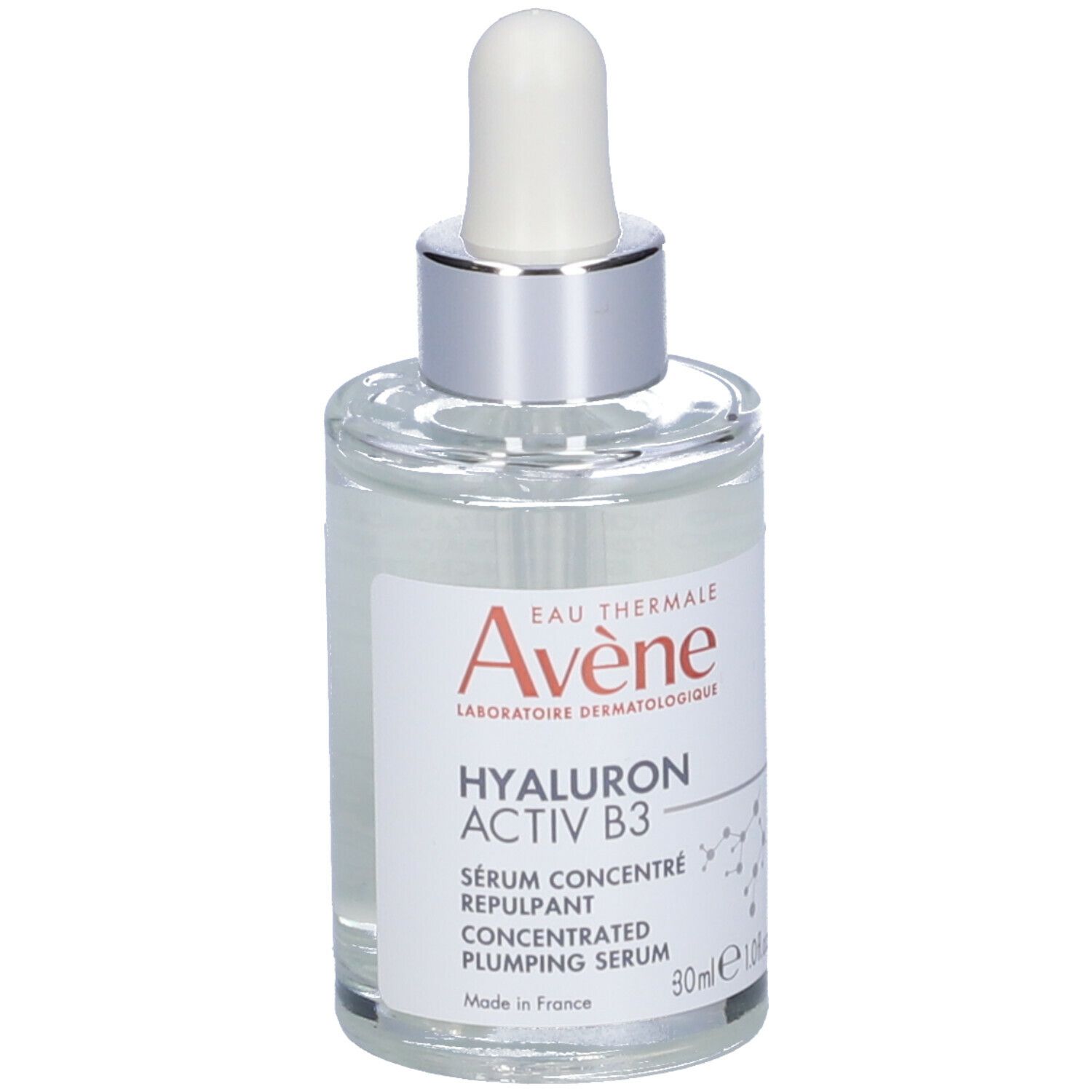 Flacone del prodotto. Testo: Eau Thermale Avène, Hyaluron Activ B3, Serum Concentré Repulpant, 30ml, 1.0 fl.oz.