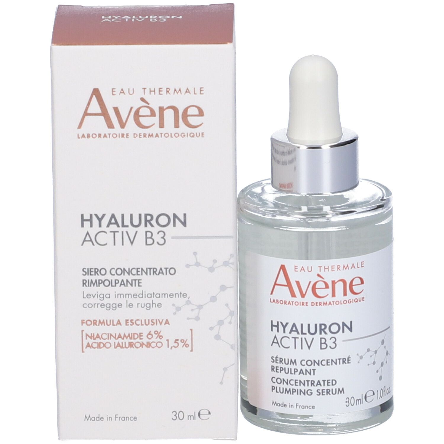 Prodotto con confezione. Testo: Eau Thermale Avène, Hyaluron Activ B3, Serum Concentré Repulpant, 30ml.