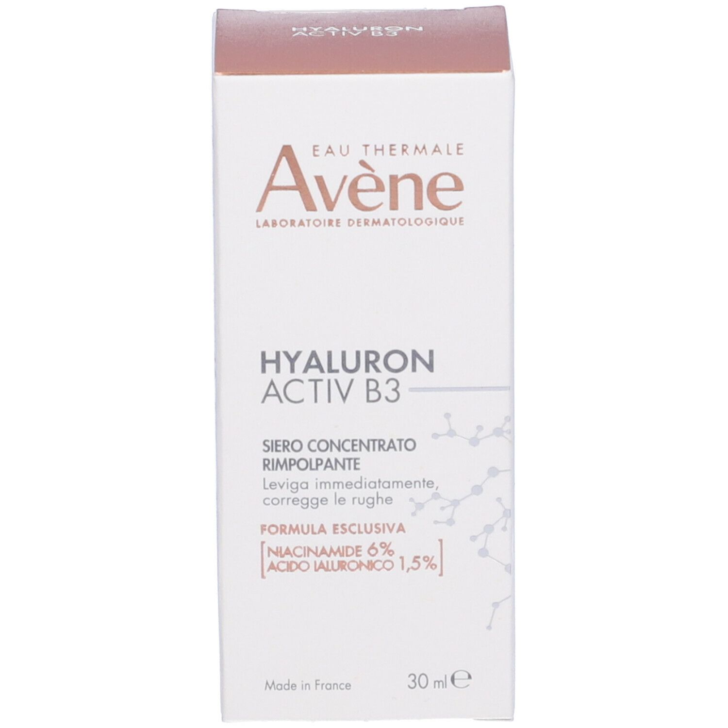 Confezione del prodotto. Testo: Eau Thermale Avène, Hyaluron Activ B3, Serum Concentré Repulpant, 30ml.