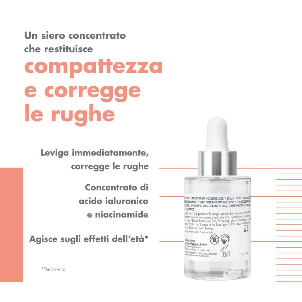 Flacone con testo. Testo: Un siero concentrato... compattezza e corregge le rughe. Acido ialuronico e niacinamide.