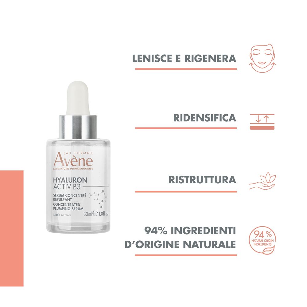 Flacone con testo e icone. Testo: Lenisce e rigenera, ridensifica, ristruttura. 94% ingredienti d'origine naturale.