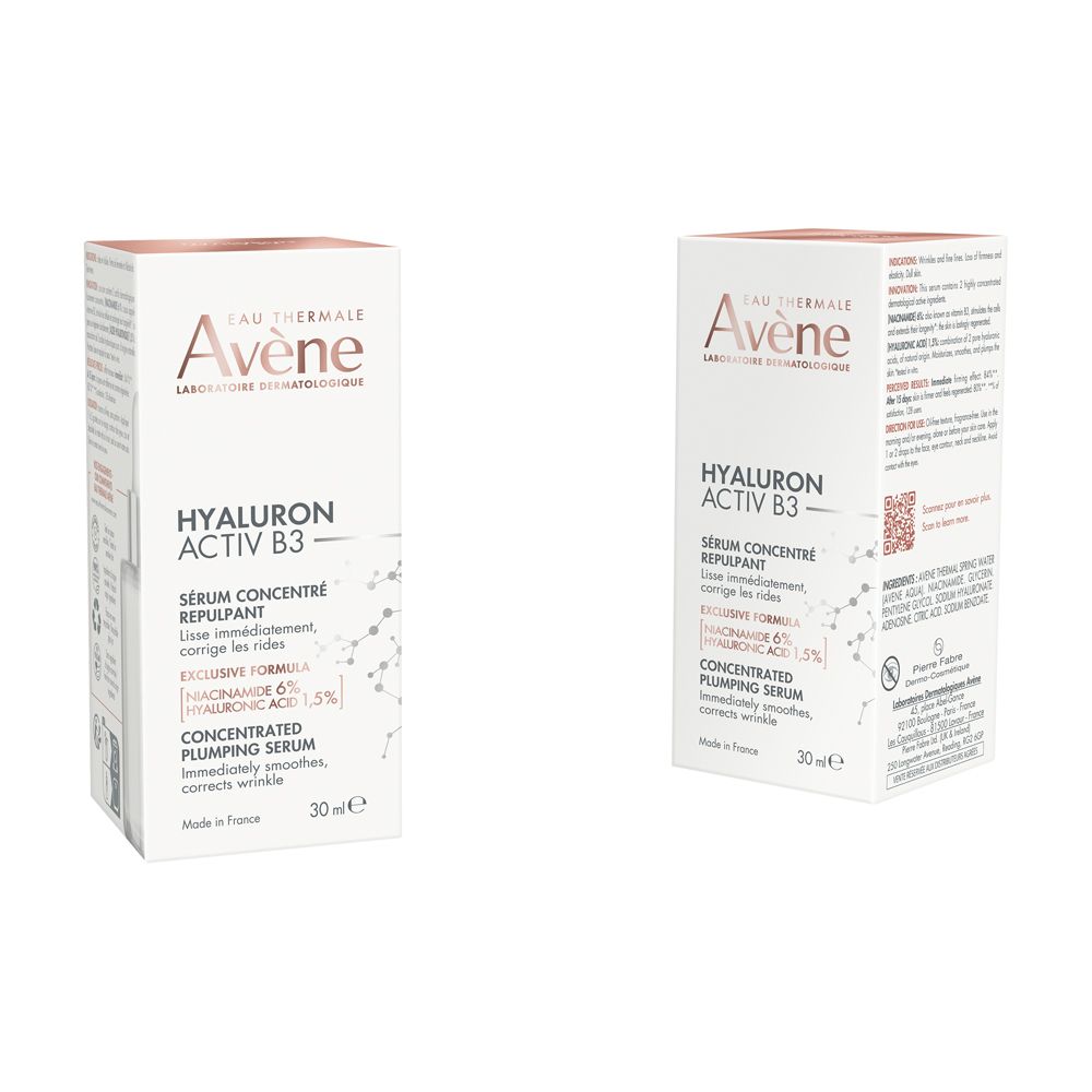 Due confezioni di prodotto. Testo: Eau Thermale Avène, Hyaluron Activ B3, Serum Concentré Repulpant.