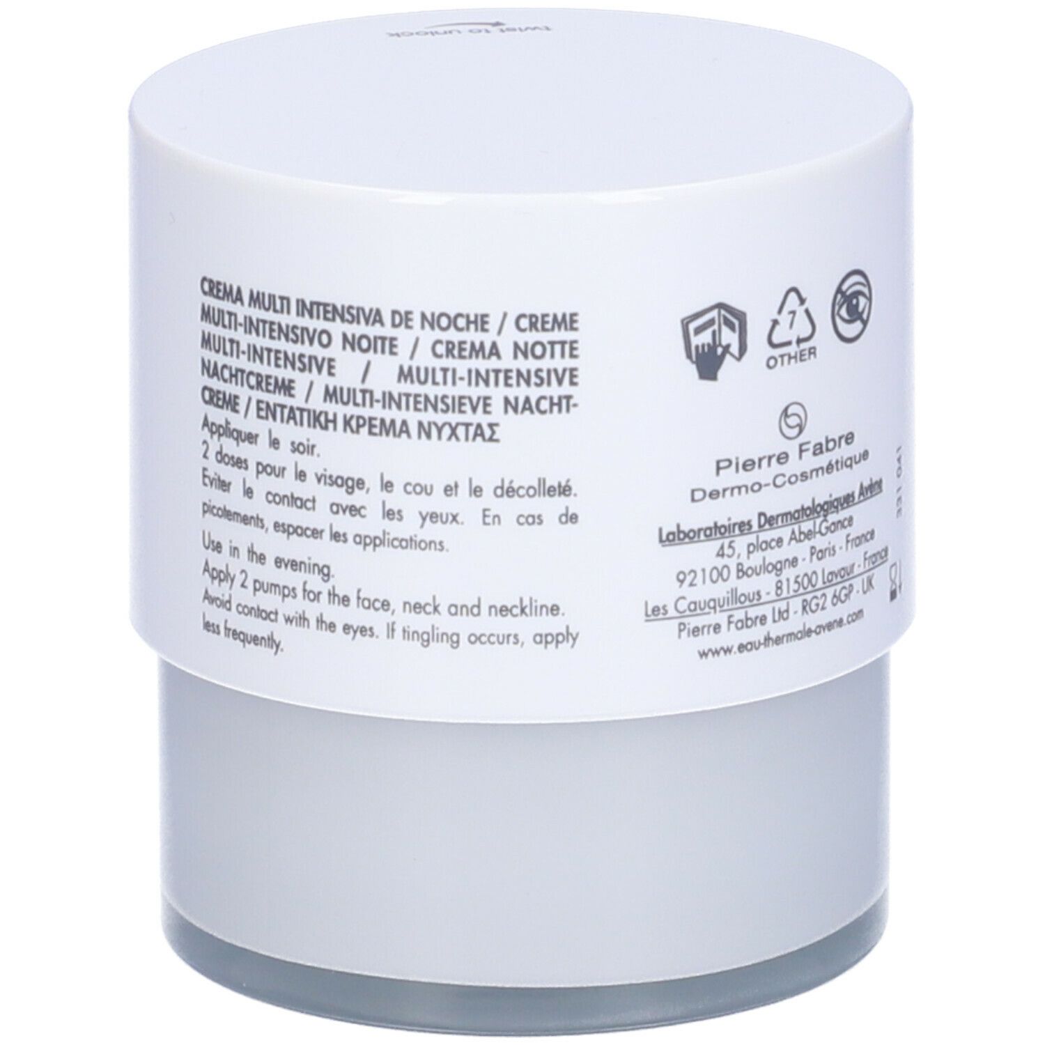 Retro del vaso di crema. Testo multilingue. Informazioni sull'uso.