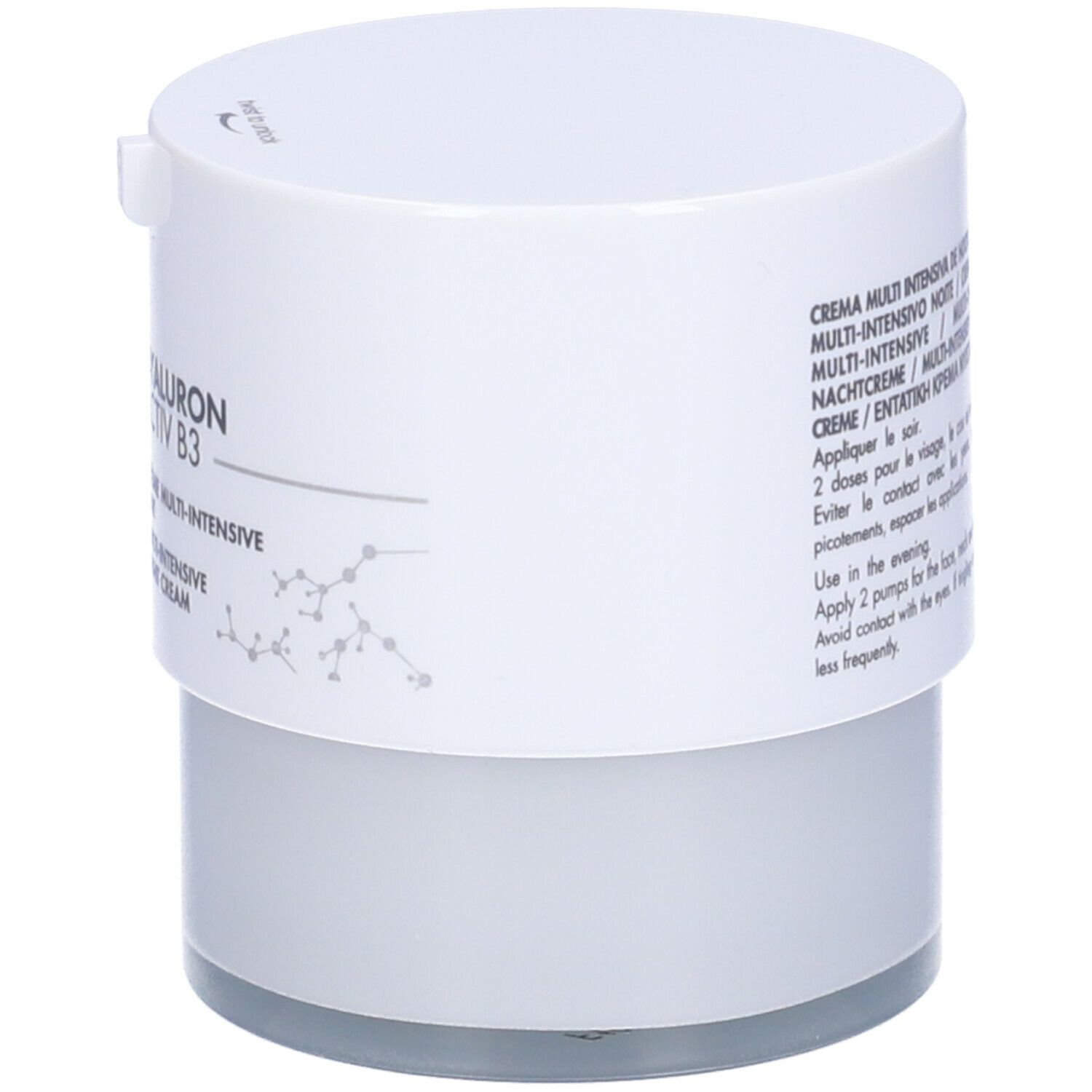 Vaso di crema bianco. Scritte: Eau Thermale Avène, HYALURON ACTIV B3, Crema Notte Multi-Intensiva.