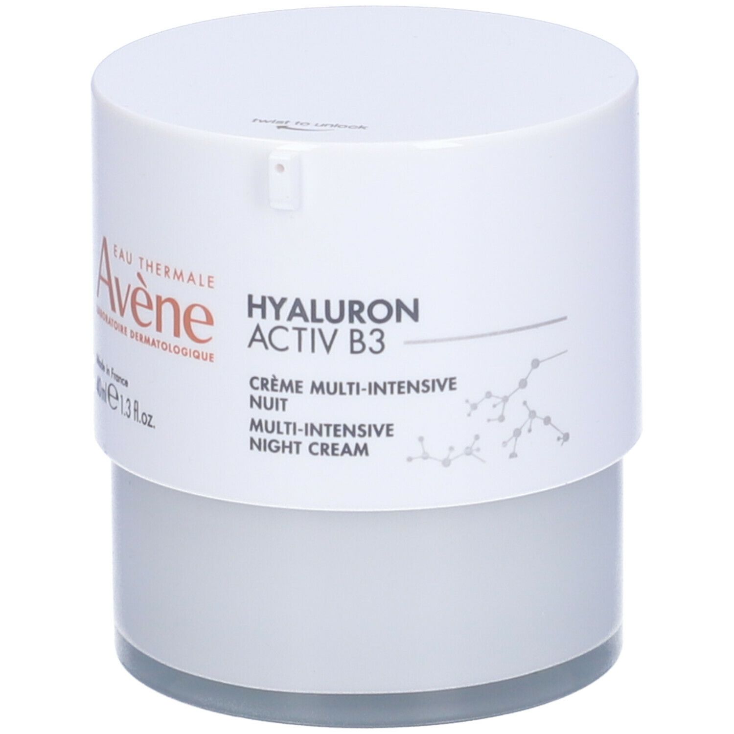Vaso di crema bianco. Scritte: Eau Thermale Avène, HYALURON ACTIV B3, Crema Notte Multi-Intensiva.