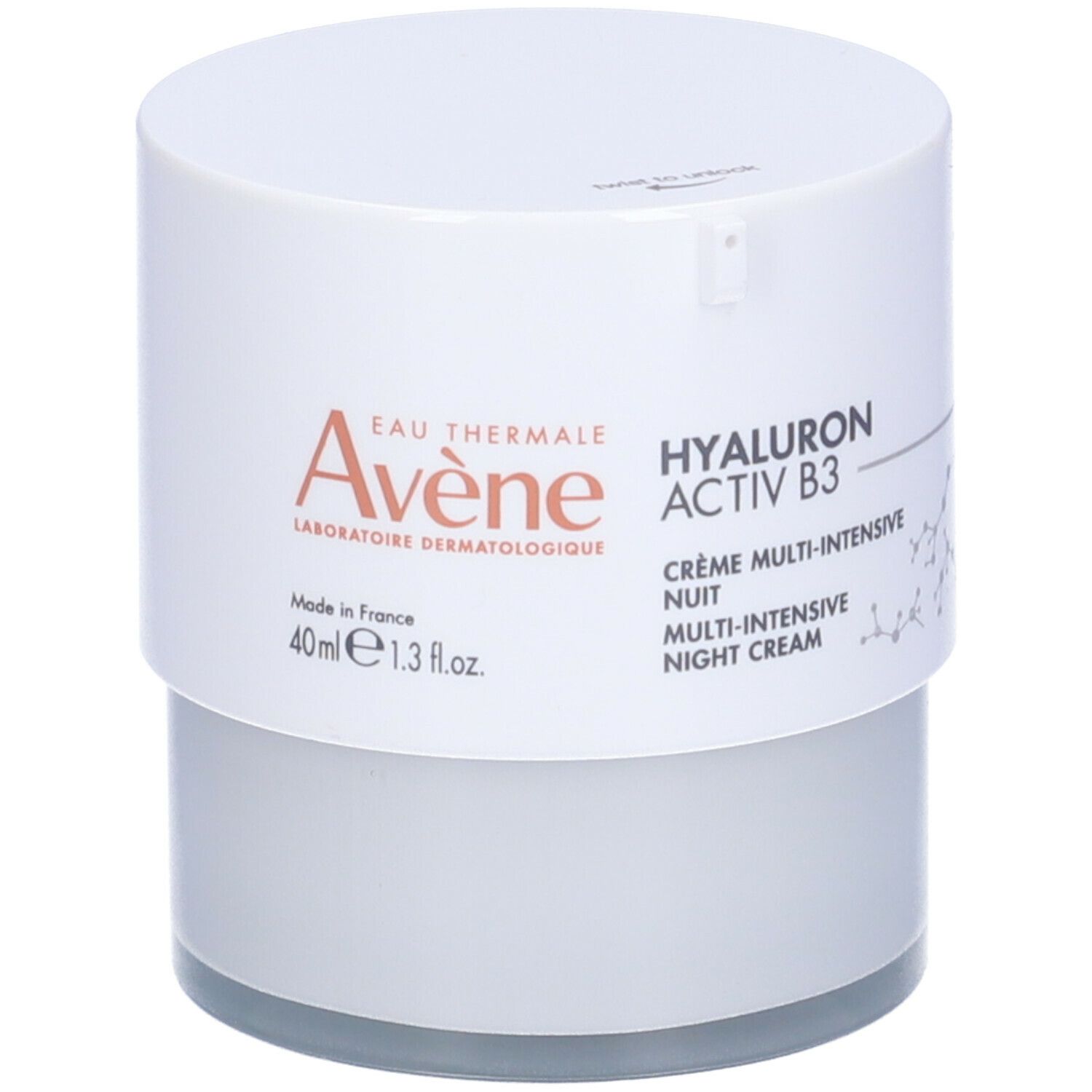 Vaso di crema bianco. Scritte: Eau Thermale Avène, HYALURON ACTIV B3, Crema Notte Multi-Intensiva.