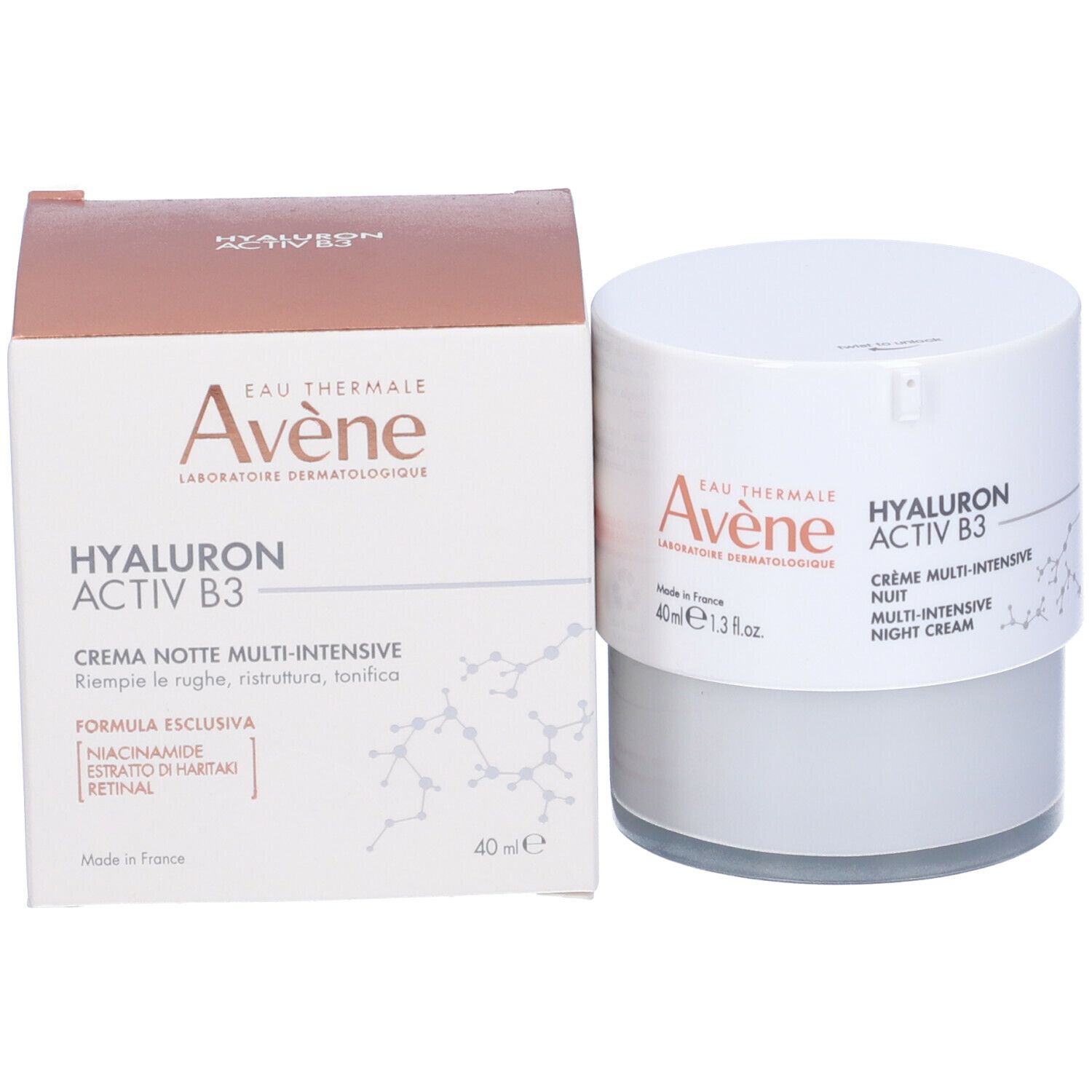 Vaso di crema e scatola. Scritte: Eau Thermale Avène, HYALURON ACTIV B3, Crema Notte Multi-Intensiva.