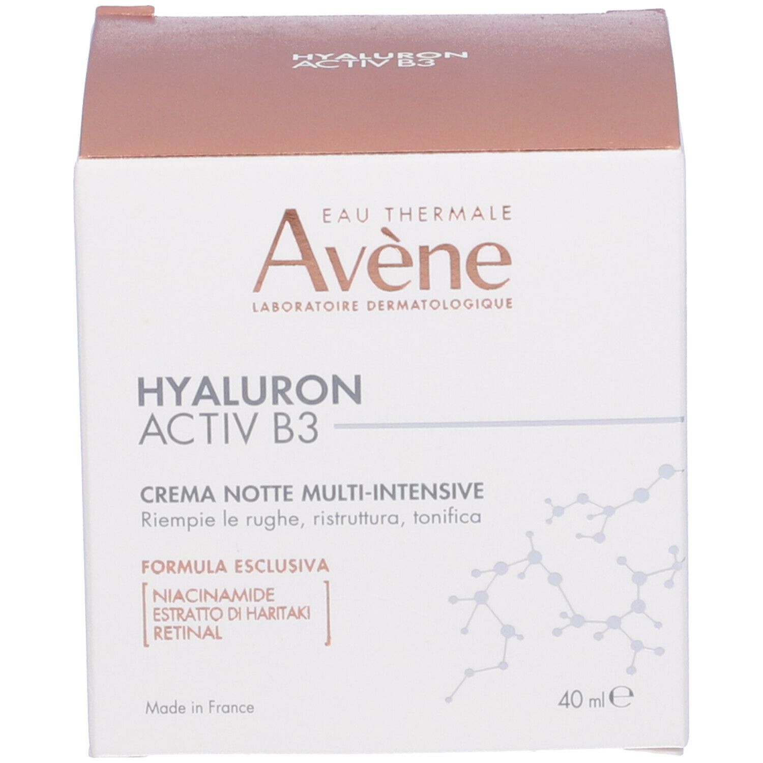 Scatola. Scritte: Eau Thermale Avène, HYALURON ACTIV B3, Crema Notte Multi-Intensiva.