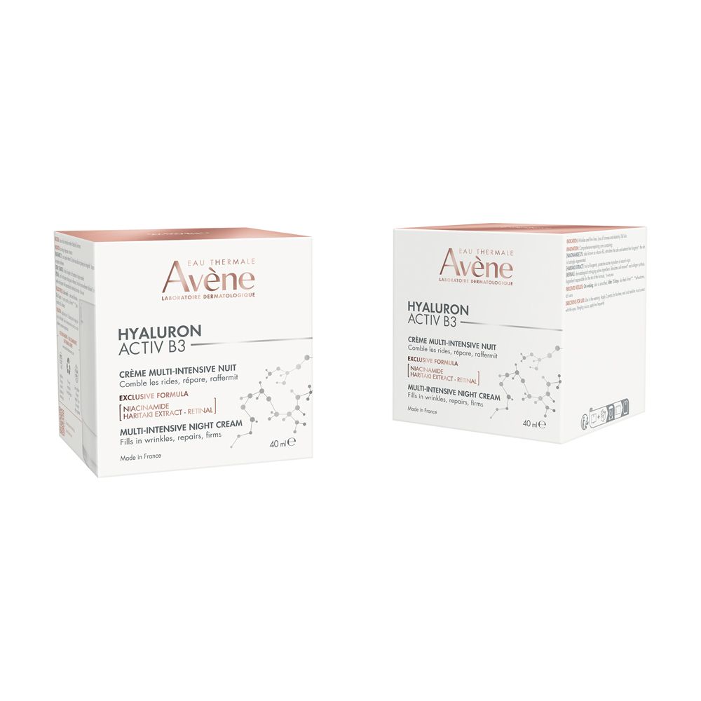Due scatole. Scritte: Eau Thermale Avène, HYALURON ACTIV B3, Crema Notte Multi-Intensiva.