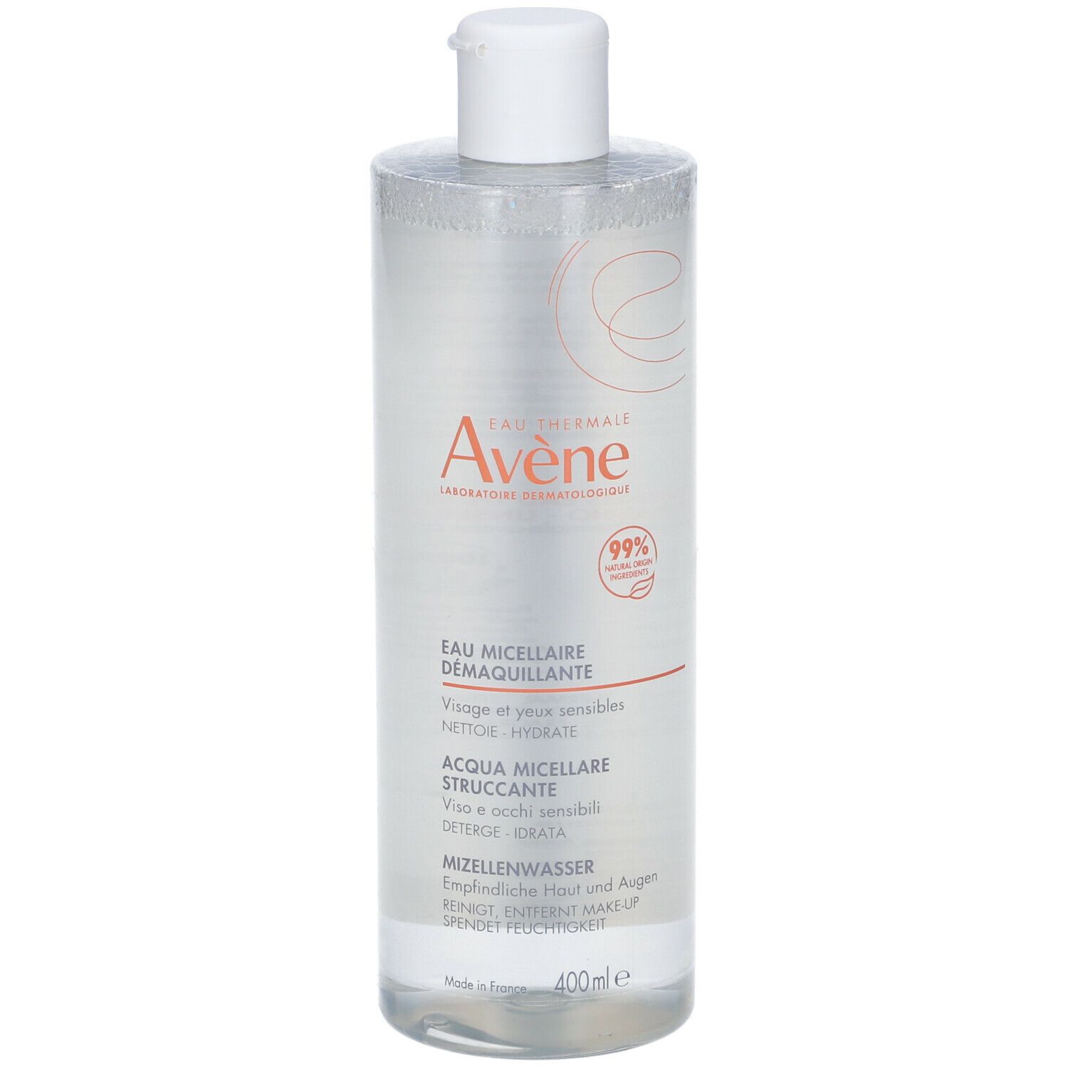 Flacone trasparente di acqua micellare Avène, tappo bianco. Scritte: Eau Micellaire Démaquillante, 400ml.