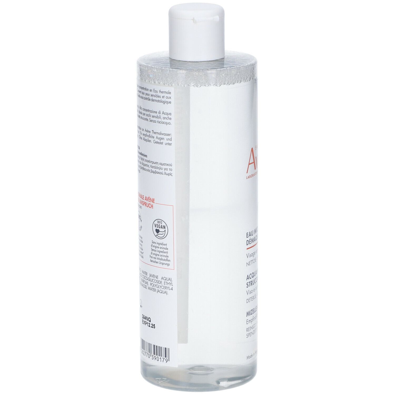 Retro del flacone di acqua micellare Avène. Testo multilingue. Logo Vegan.