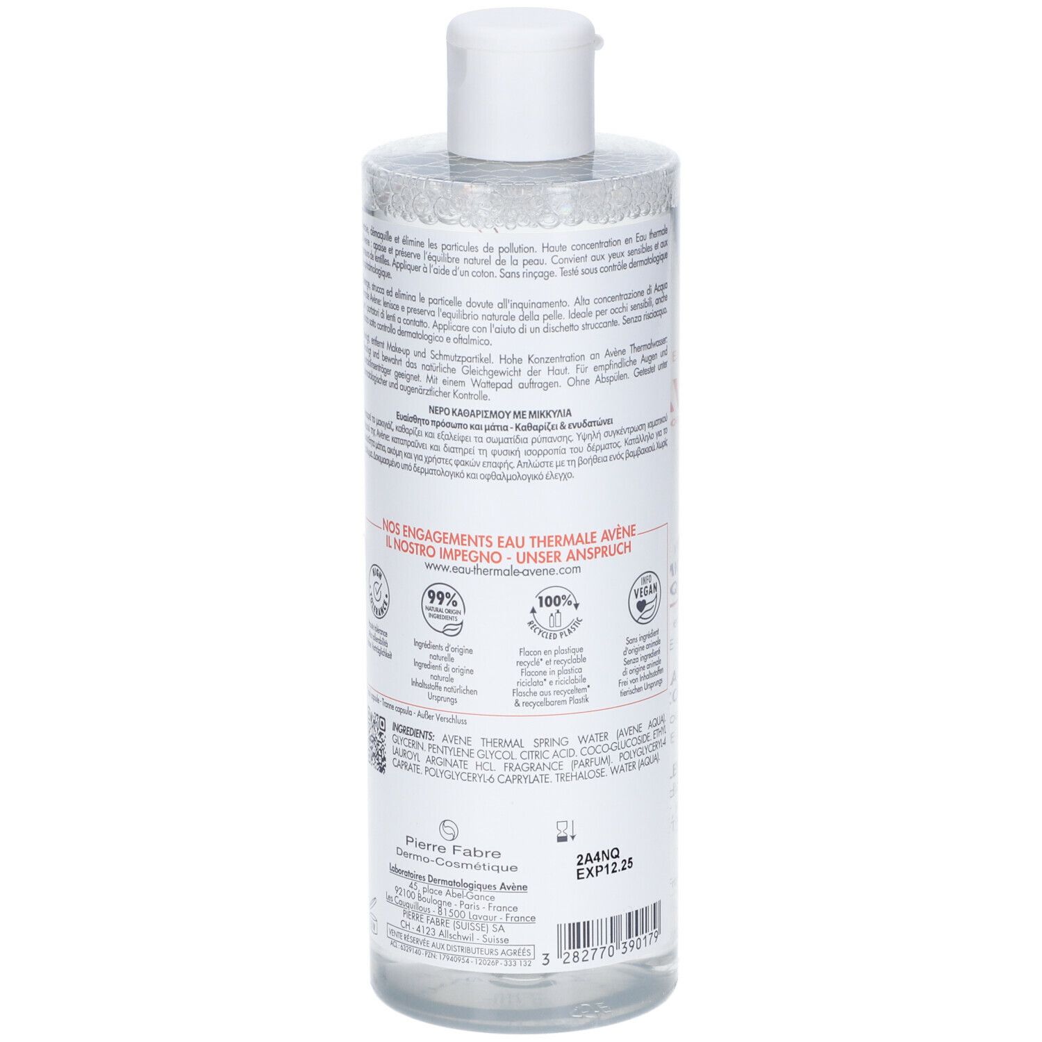 Retro del flacone di acqua micellare Avène. Testo multilingue. Loghi: 99%, Vegan, Riciclo.