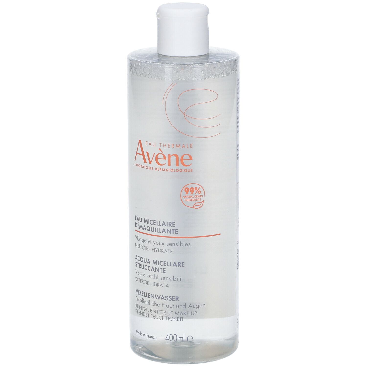 Flacone trasparente di acqua micellare Avène, tappo bianco. Scritte: Eau Micellaire Démaquillante, 400ml.