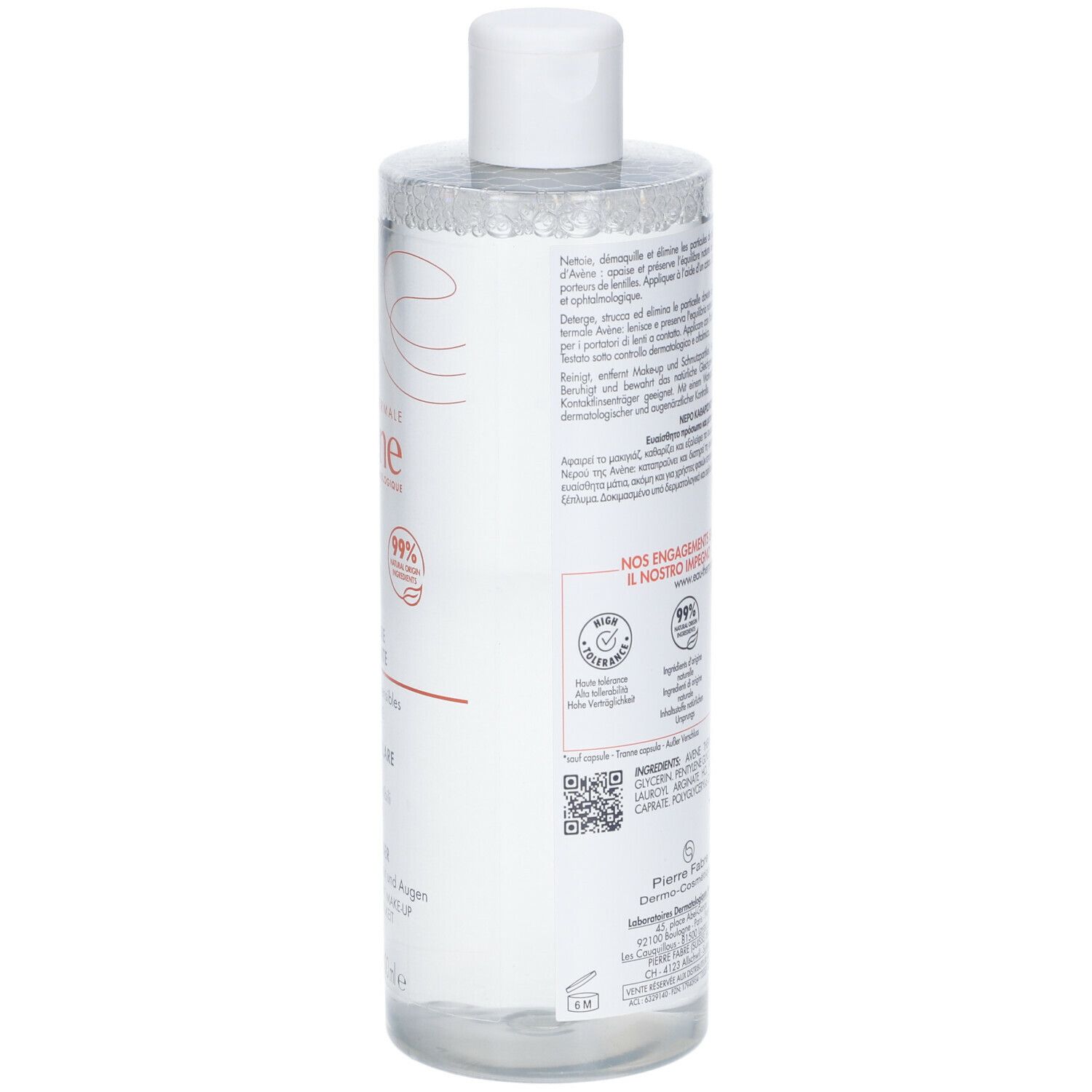 Retro del flacone di acqua micellare Avène. Testo multilingue. Loghi: 99%, Vegan, Riciclo.