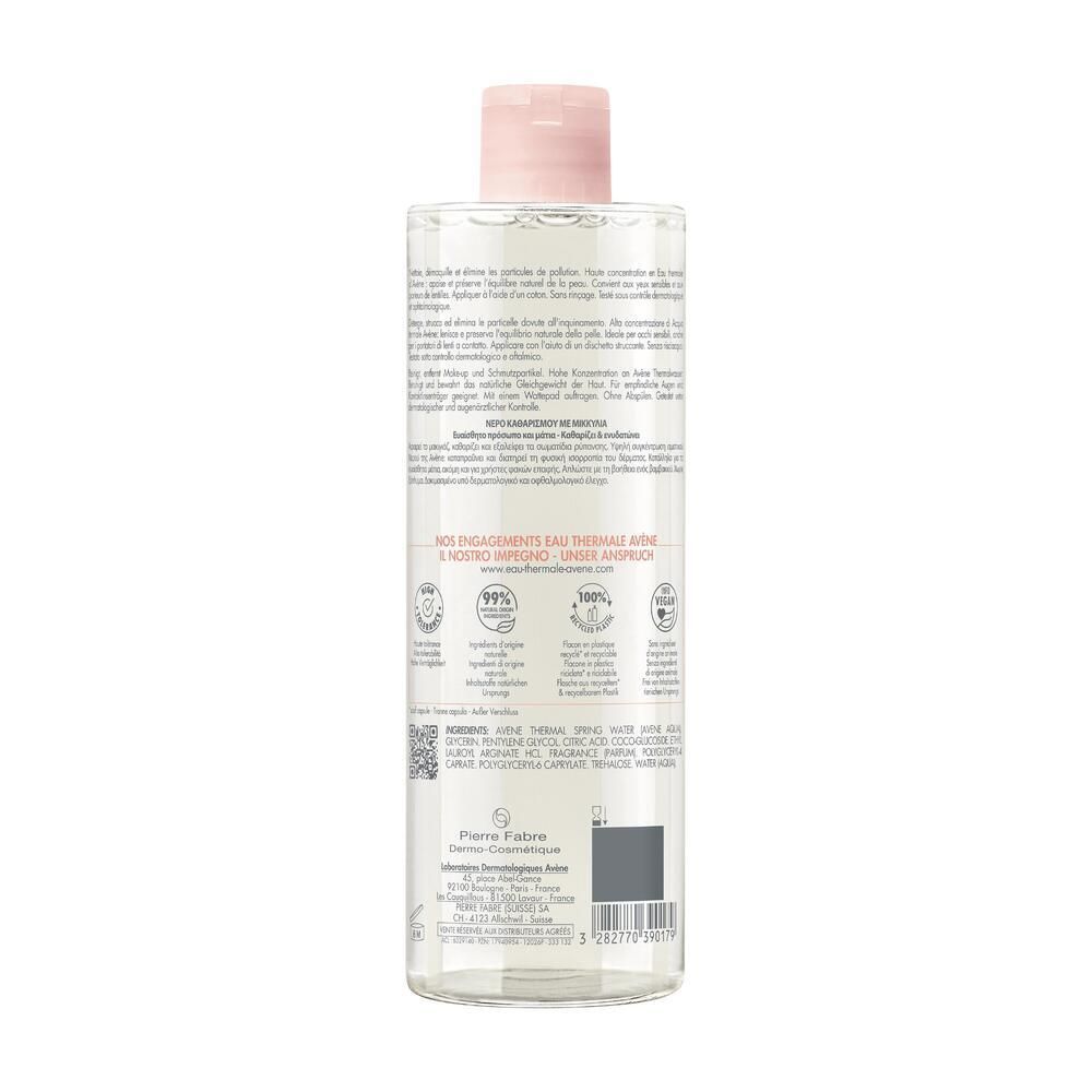 Retro del flacone di acqua micellare Avène. Testo multilingue. Loghi: 99%, Vegan, Riciclo.