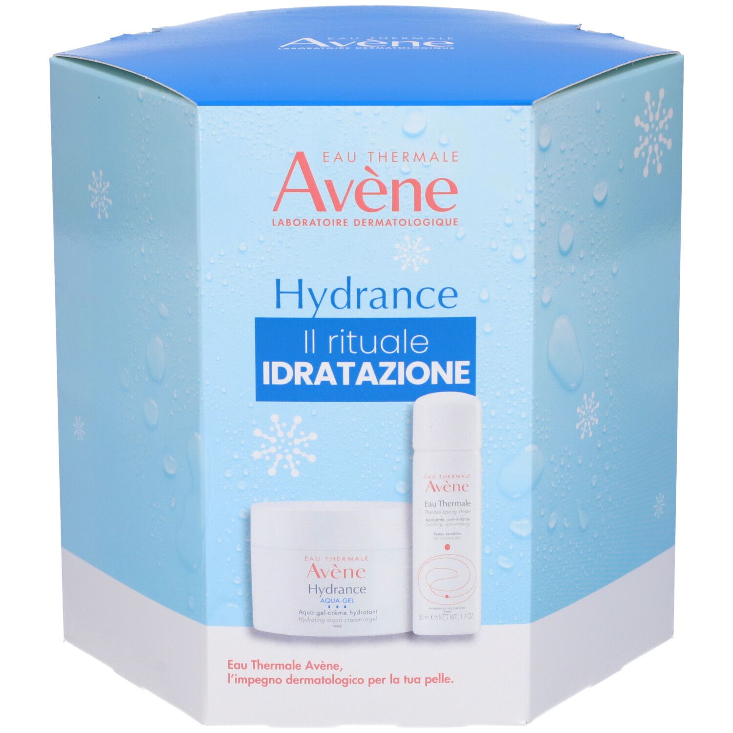 Confezione Avène Hydrance. Contiene due prodotti. Scritta: Il rituale IDRATAZIONE. Scatola bianca e blu.