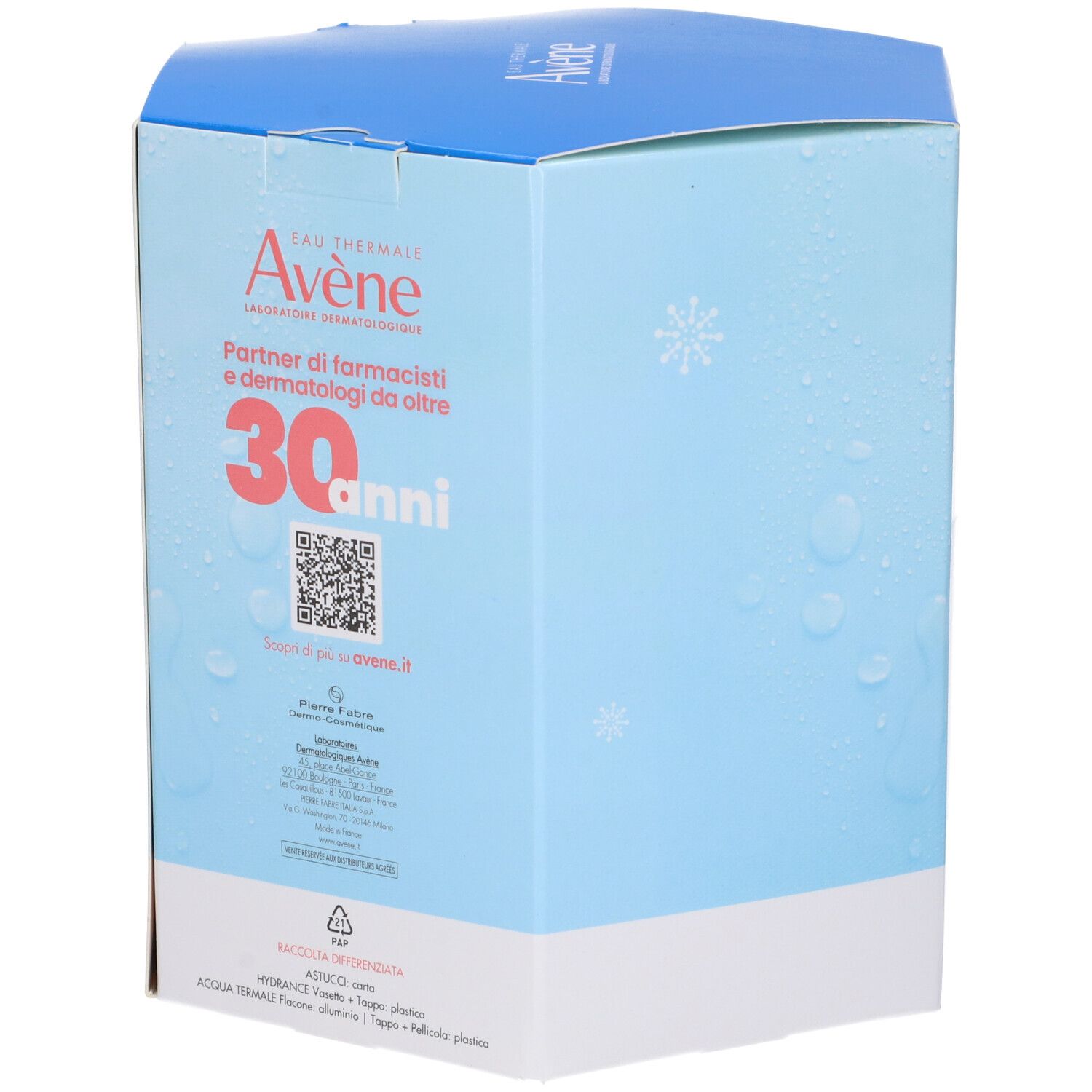 Retro della scatola. Scritta: Avène, Partner di farmacisti e dermatologi da oltre 30 anni. Codice QR.