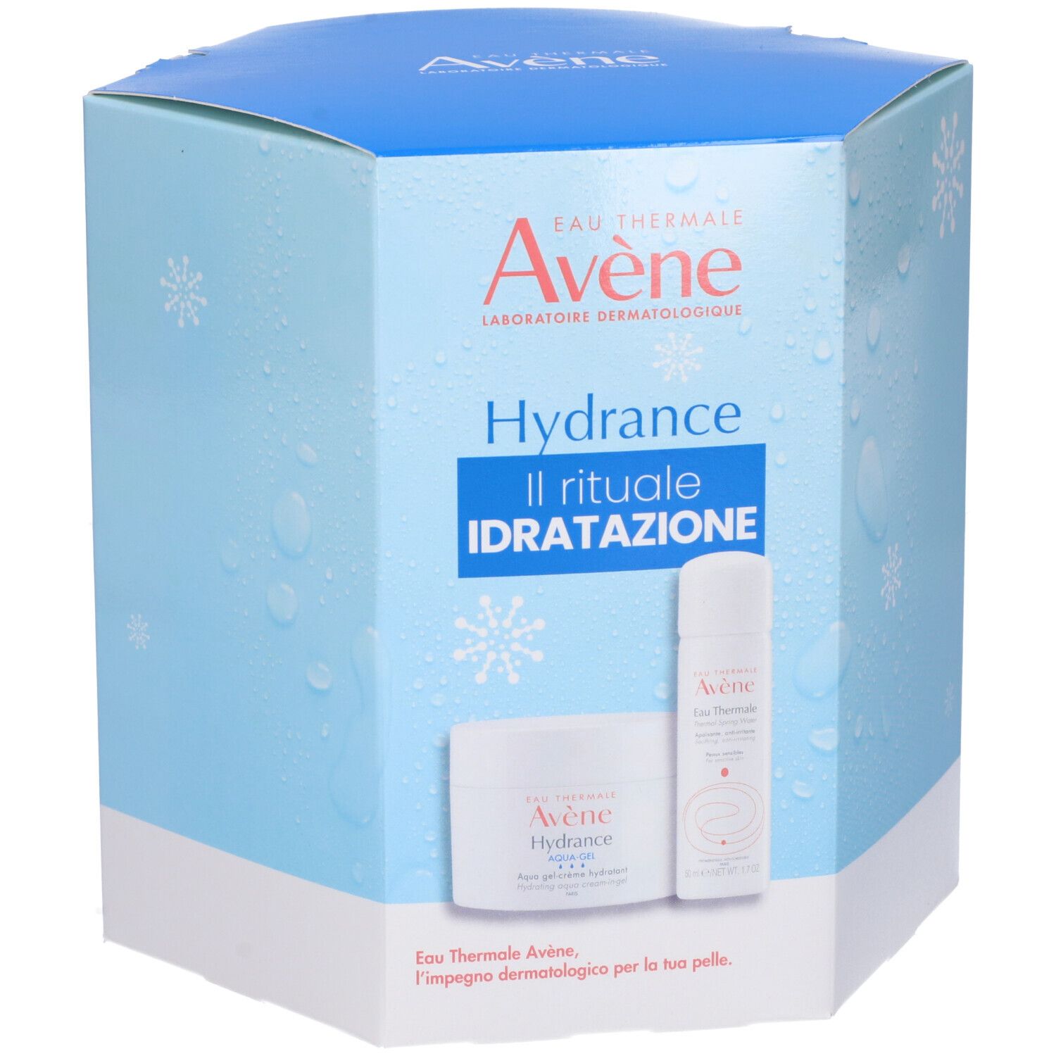 Confezione Avène Hydrance. Contiene due prodotti. Scritta: Il rituale IDRATAZIONE. Scatola bianca e blu.