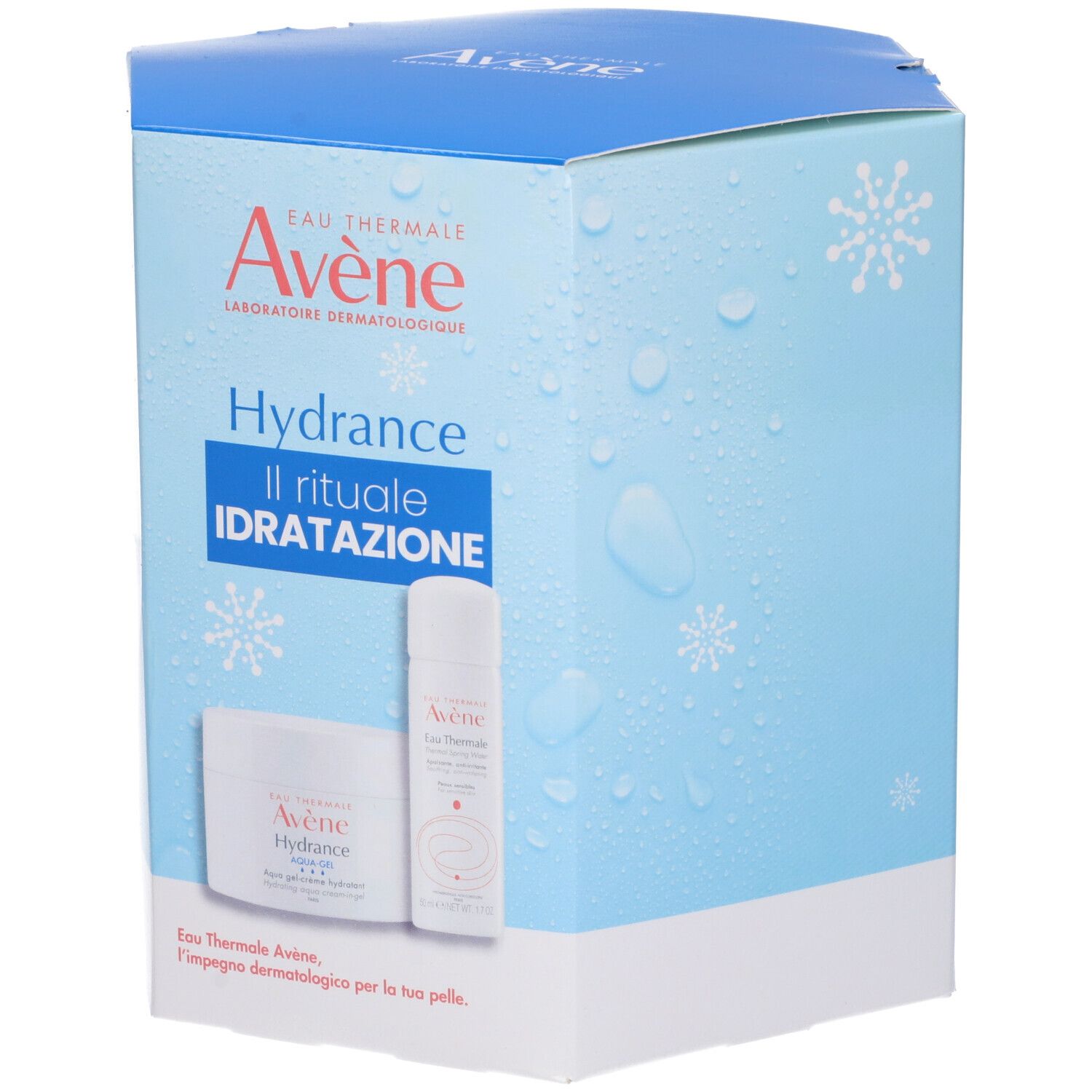 Confezione Avène Hydrance. Contiene due prodotti. Scritta: Il rituale IDRATAZIONE. Scatola bianca e blu.