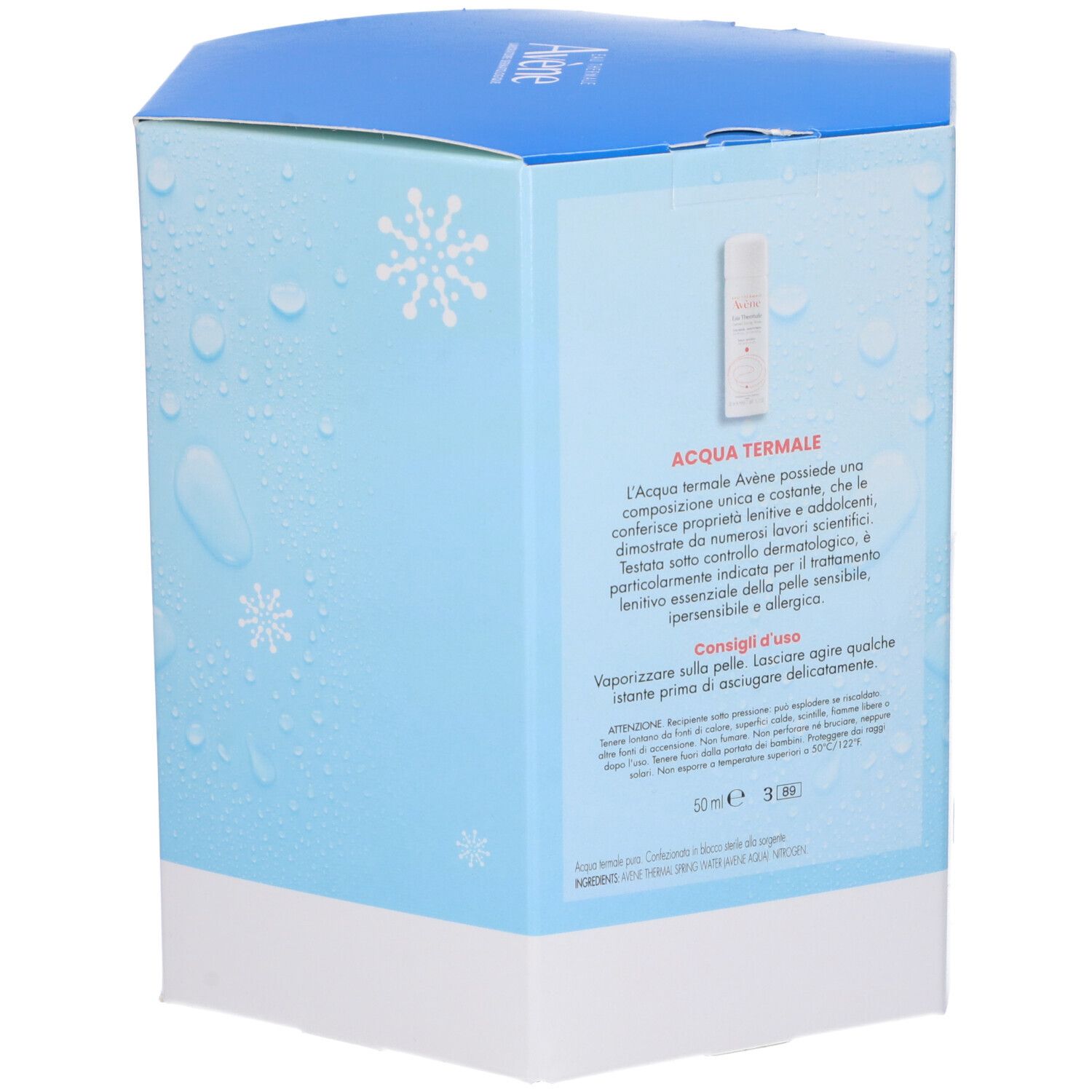 Retro della scatola. Testo sull'acqua termale. Scritta: 50 ml, 30 ml.