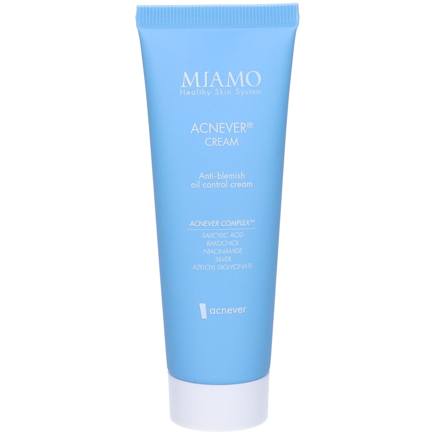 Tubo azzurro con tappo bianco. Scritte: Miamo, ACNEVER CREAM, Anti-Blemish Oil Control Cream. Ingredienti.