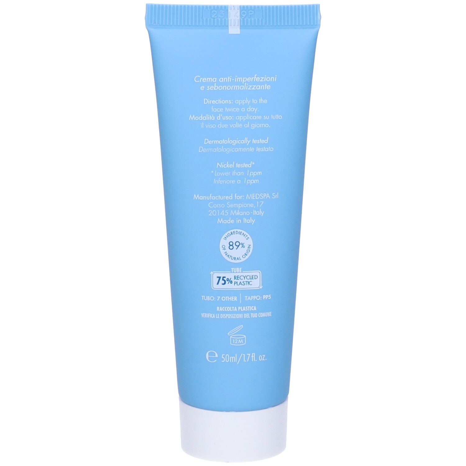 Retro del tubo azzurro. Testo: Crema anti-imperfezioni, 89% ingredienti naturali, 75% plastica riciclata.