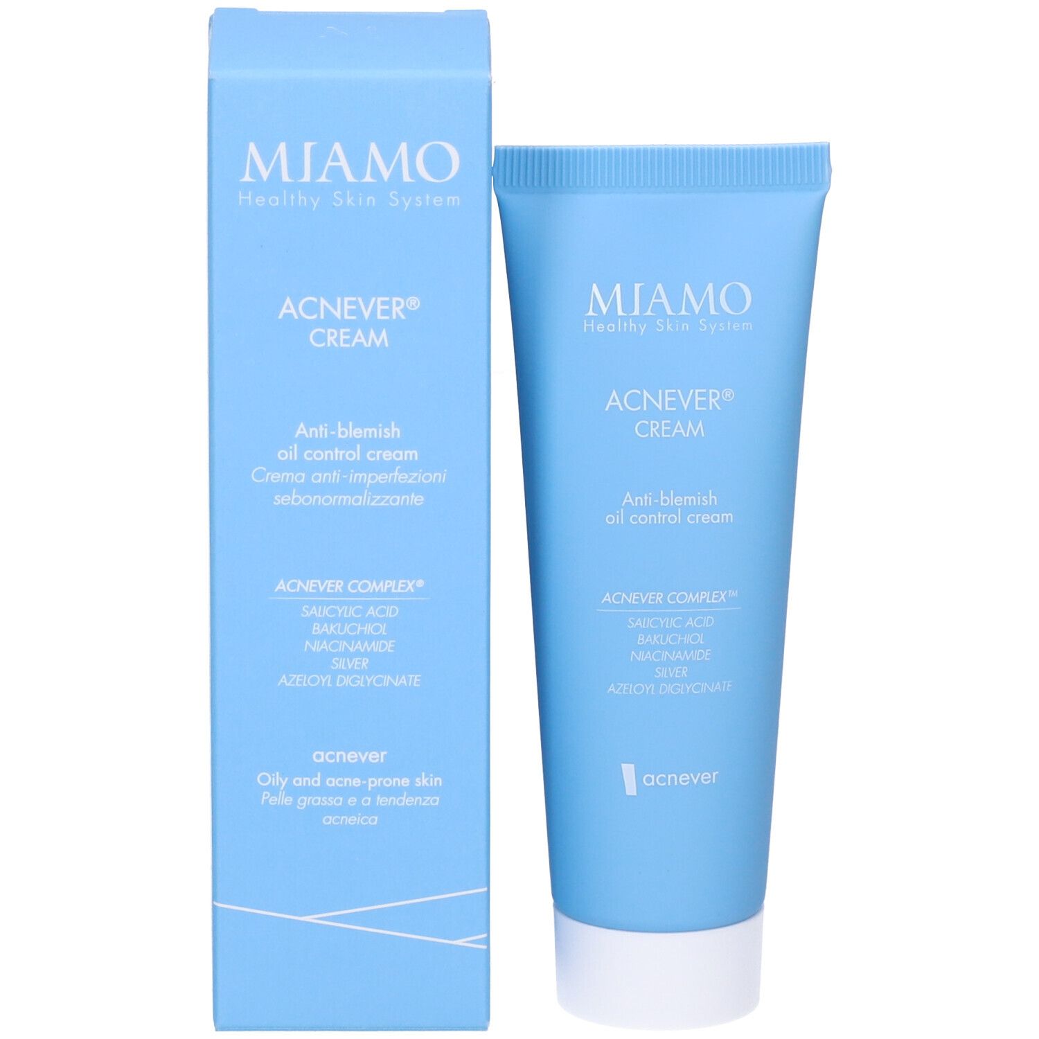 Tubo e scatola azzurri. Scritte: Miamo, ACNEVER CREAM, Anti-Blemish Oil Control Cream. Ingredienti.