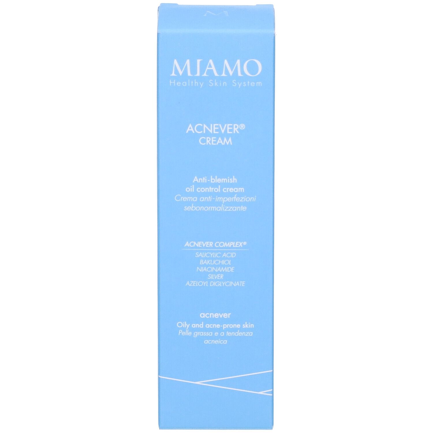 Scatola azzurra. Scritte: Miamo, ACNEVER CREAM, Anti-Blemish Oil Control Cream. Ingredienti. Testo in italiano.
