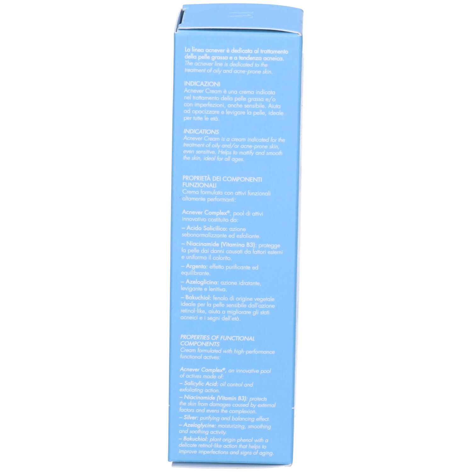 Lato della scatola azzurra. Testo sulla crema, ingredienti e proprietà. Testo in italiano.